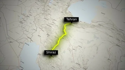 Iran Map Animation Tehran to Shiraz Travel Route with Car Icon on World Map Stock Footage 329317200