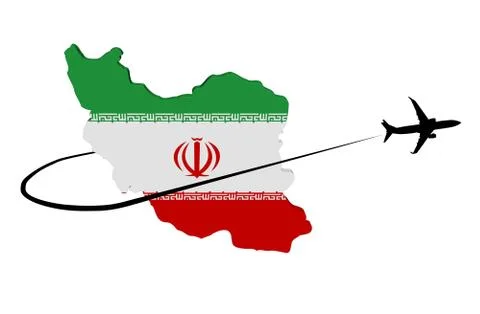 Iran map flag with plane silhouette and swoosh 3d illustration Illustrazione stock