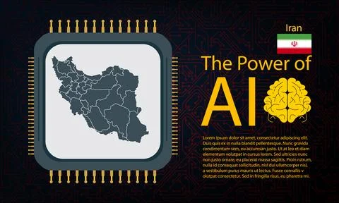 Iran map with microchip war and AI concept on circuit board, Power of AI wi.. Ilustração Stock