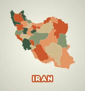 Iran poster in retro style. Map of the country with regions in autumn color.. Stock Illustration