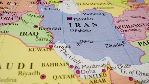 Iran route through oman, saudi arabia and iraq, flying over political map Stock Footage 340106458