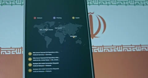 Iran as source of malicious cyber activity, live cyber attacks map and flag of Stock Footage 310845277