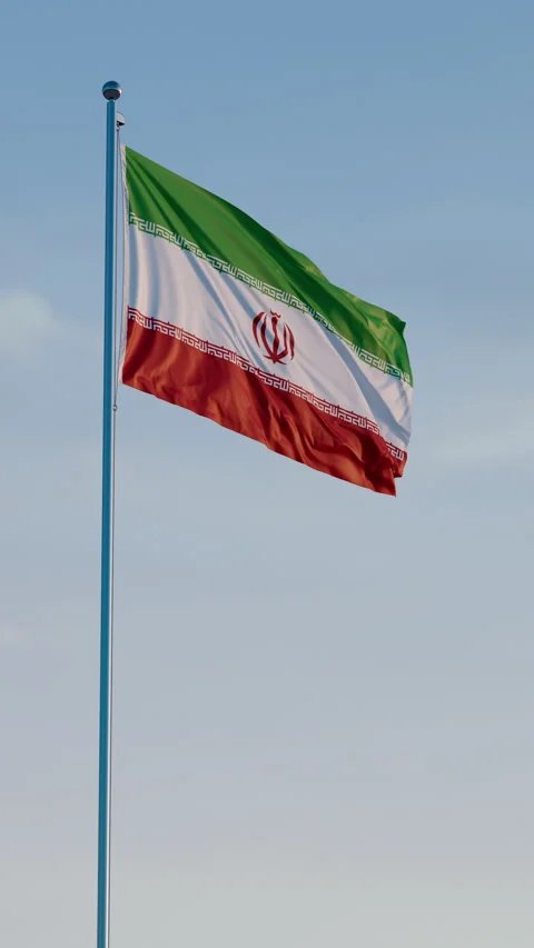 Iran, Tehran: Cinematic Vertical Waving National Flag Against Blue Sky Stock Footage 321932197