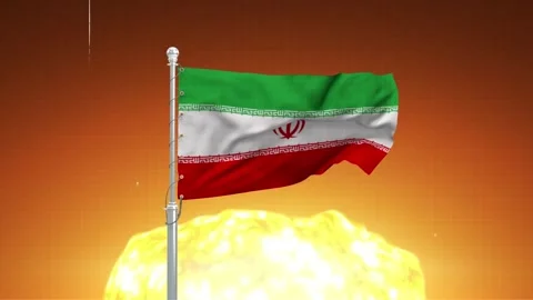 Iranian flag waving with massive nuclear explosion fireball background conc.. Stock Footage 341868596