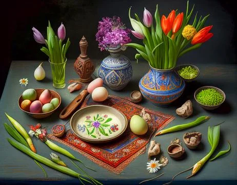 Iranian Haft-Sin Table with Spring Decorations Illustrazione stock