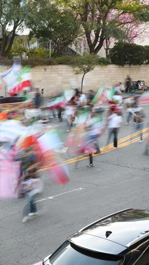 Iranian Protest March Timelapse at Downtown Los Angeles – Vertical Editorial Stock Footage 328998725