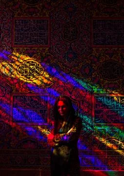 Iranian Woman In The Nasir Ol Molk Mosque With Its Beautiful Coloured Glass Stock Photos