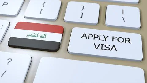 Iraq, Apply for Visa Concept. Button Push 3D Illustration. Visa Apply for Illustrazione stock