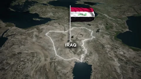 Iraq Border Map Animation with 3D Flag Waving of Iraq flag on World Map Stock Footage 329574717