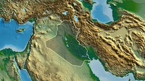 Iraq border shape overlay. Outlined. Physical. Stock Illustration