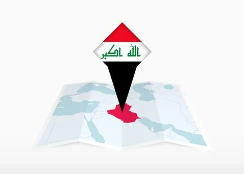 Iraq is depicted on a folded paper map and pinned location marker with flag.. Stock Illustration
