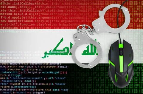 Iraq flag  and handcuffed computer mouse. Combating computer crime, hackers a Stock-Fotos