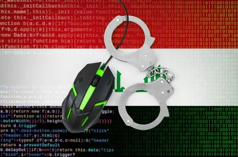 Iraq flag  and handcuffed computer mouse. Combating computer crime, hackers a Stock-Fotos
