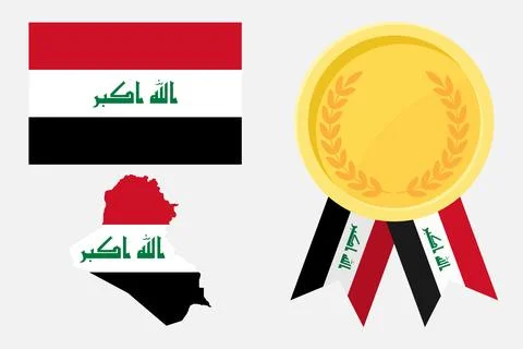 Iraq flag with map and gold medal in set for web and banners or app and games Stock Illustration