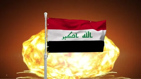 Iraq flag waving over massive nuclear explosion mushroom cloud in dark back.. Stock Footage 341868600