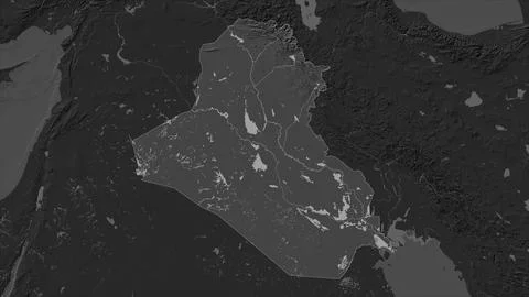 Iraq highlighted on a Bilevel elevation map with lakes and rivers 스톡 일러스트