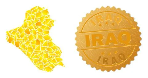 Iraq Map Collage of Golden Elements and Textured Iraq Seal Stock Illustration