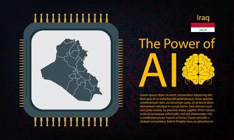Iraq map with microchip war and AI concept on circuit board, Power of AI wi.. Stock Illustration