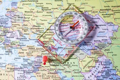 Iraq map with red push pin and compass Stock Photos