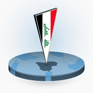 Iraq map in round isometric style with triangular 3D flag of Iraq Stock Illustration