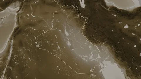 Iraq outlined on a elevation map colored in sepia tones with lakes and rivers Illustrazione stock