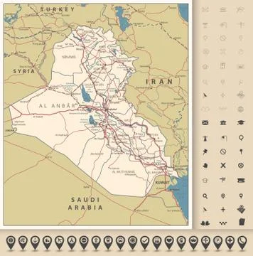 Iraq Road Map and map icons Stock Illustration