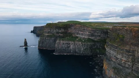 Ireland, Cliffs of Moher - drone shot of a beautiful coastline with stunning cli Stock Footage 290048798