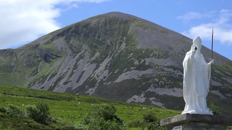 Ireland Croagh Patrick statue and sacred mountain Stock Footage 82244822