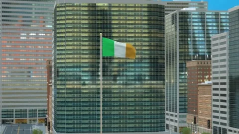 Ireland Flag 3D Render Animation on Pole with Modern Business District Build Stock-Footage 332878306