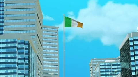 Ireland Flag 3D Render Animation with Urban Architecture and Clear Blue Sky Video stock 332945532