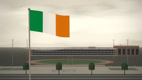 Ireland Flag Flying Over School Campus Running Track seamless loop Stock Footage 345381328