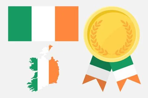 Ireland flag with map and gold medal in set for web and banners or app and .. Stock Illustration