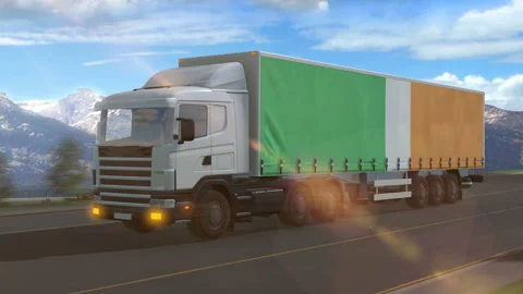 Ireland flag shown on the side of a large truck Stock Footage 122100690