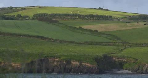 Ireland green patchwork landscape coast farms sweep down to sea cliff below Video stock 244093343