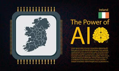 Ireland map with microchip war and AI concept on circuit board, Power of AI.. Illustrazione stock