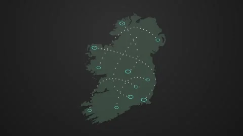 Ireland Map Network Animation with Data Signals Connecting Different Locations Stock Footage 342308875