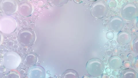 Iridescent bubbles move gently against a soft pastel gradient background with Stock Footage 311458324