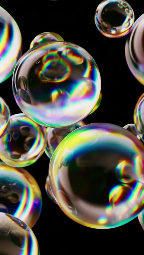 Iridescent digital bubbles floating upward against dark background loop. Stock Footage 345446322