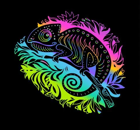 Iridescent Hand Drawn Vector Doodle Chameleon Isolated om Black. Stock Illustration