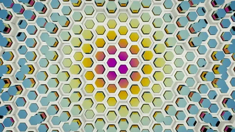 Iridescent hexagon elements made of holographic foil pulsate with color in the Stock Footage 121764674