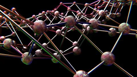 Iridescent  metallic wireframe molecular plexus pattern against black Illustrazione stock