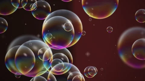 Iridescent Rainbow Soap Bubbles Floating on Dark Amber Background Loop Stock Footage 346569857