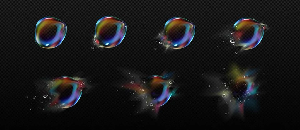 Iridescent soap bubble burst sequence steps Illustrazione stock