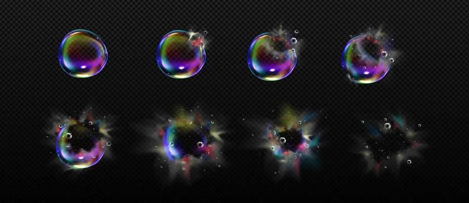 Iridescent soap bubble burst sequence steps Illustrazione stock