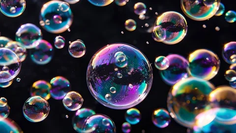 Iridescent soap bubbles float in dark space Stock Footage 317215924