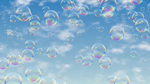 Iridescent Soap Bubbles Floating in Bright Blue Cloudy Sky Stock-Footage 346115099