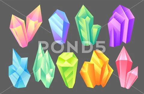Iridescent stones set, minerals, crystals, gems, precious gemstones or Stock Illustration