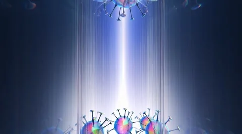 Iridescent virus models floating in blue light Stock Footage 331459743