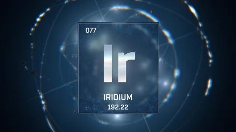 Iridium as Element 77 of the Periodic Table 3D illustration on blue background Stock Illustration