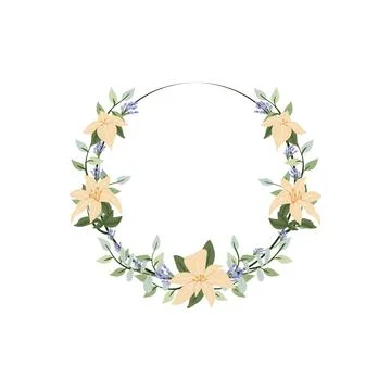 Iris and eucalyptus flower wreath. Green decorative ivy. Spring floral round  Stock Illustration
